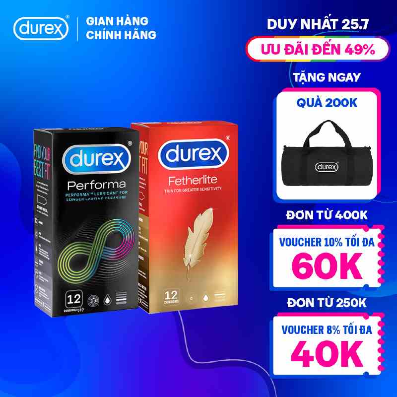 Bộ 1 hộp bao cao su Durex Performa kéo dài thời gian 52mm+ 1 hộp bao cao Durex Fetherlite siêu mỏng 52.5mm, 12 bao/hộp