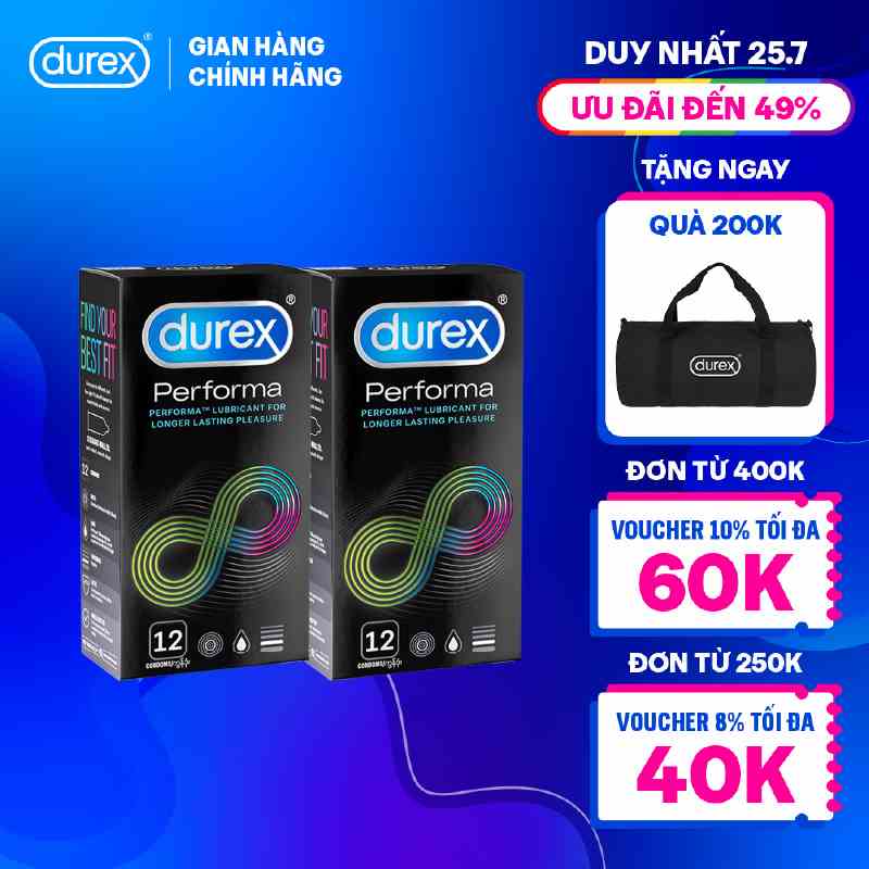 Bộ 2 hộp bao cao su Durex Performa kéo dài thời gian, size 52mm, hộp 12 bao