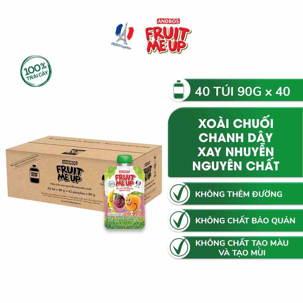 Thùng 40 Túi Trái Cây Xay Nhuyễn Vị Xoài chuối chanh dây - 100% trái cây thật - ANDROS FRUIT ME UP - 90gx40