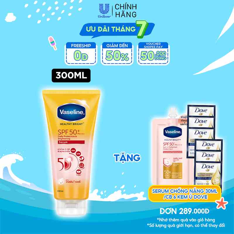 Serum chống nắng cơ thể Vaseline 50x bảo vệ da với SPF 50+ PA++++ giúp da sáng hơn gấp 2X 300ml