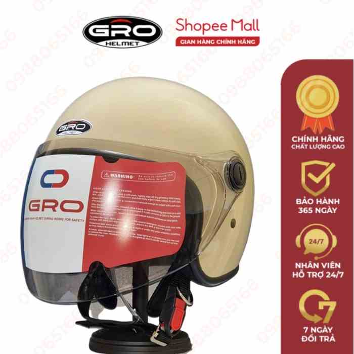 Mũ bảo hiểm chụp tai 3/4 đầu GRO HELMET 818 có kính dài màu trà, nhiều màu Size L (53-56 cm)