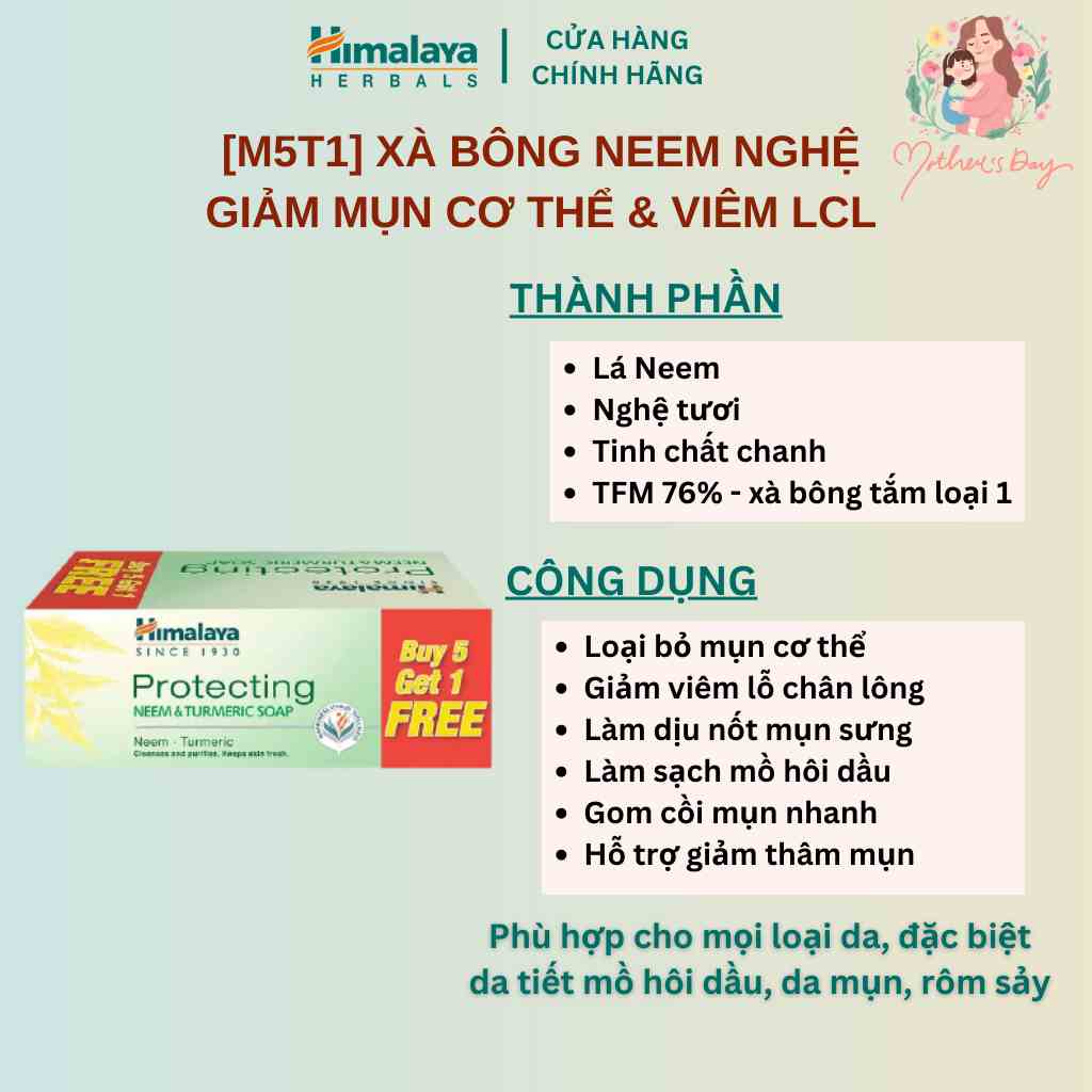 [ Mua 5 tặng 1] Set 5 xà phòng làm sạch mụn lưng giảm viêm lỗ chân lông Himalaya Neem Soap 75g/ sản phẩm