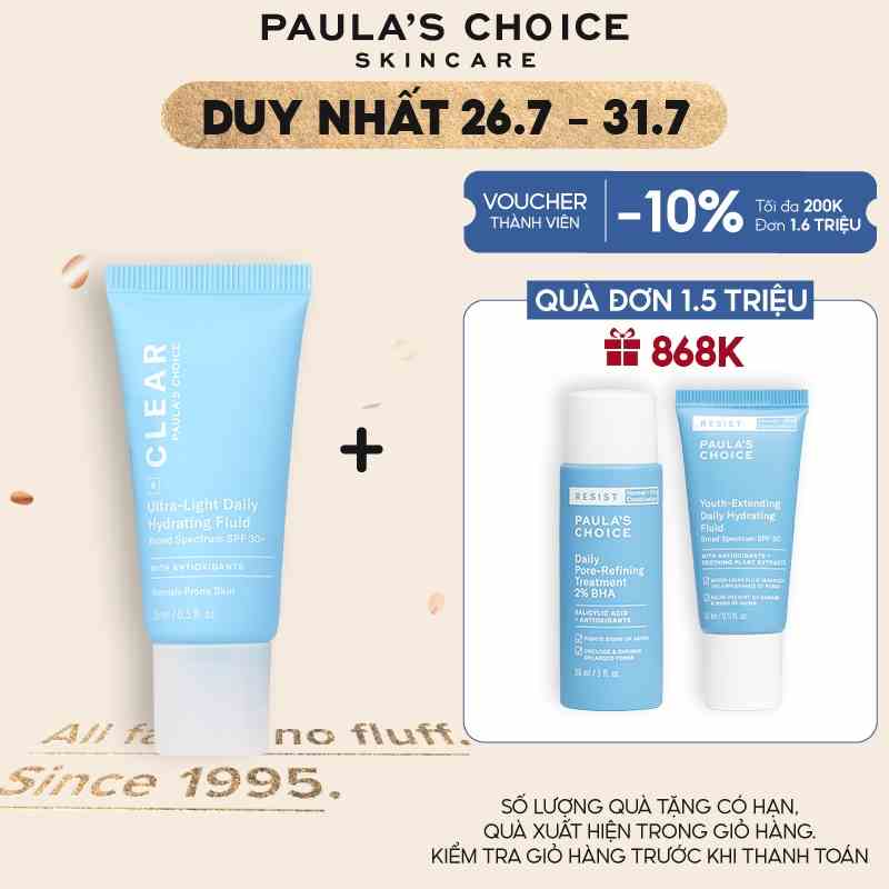 Kem chống nắng dạng sữa siêu nhẹ dành cho da mụn Paula’s Choice Clear Ultra-Light Daily Fluid SPF 30 15 ml 6137