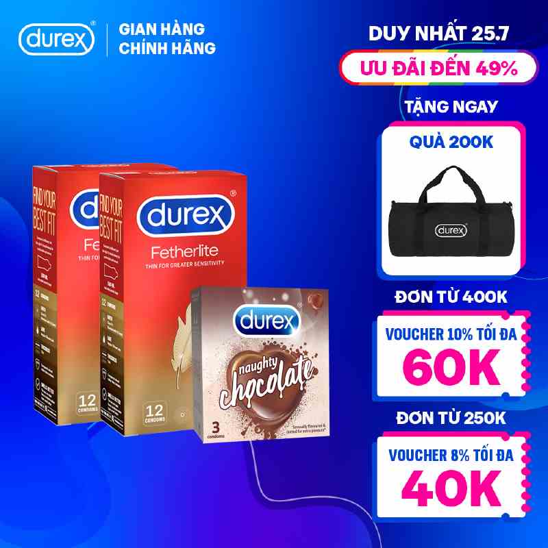 Bộ 2 hộp bao cao su Durex Fetherlite siêu mỏng (52.5 mm, 12 bao/hộp) và 1 hộp Durex Naughty Chocolate (52mm, 3 bao/hộp)