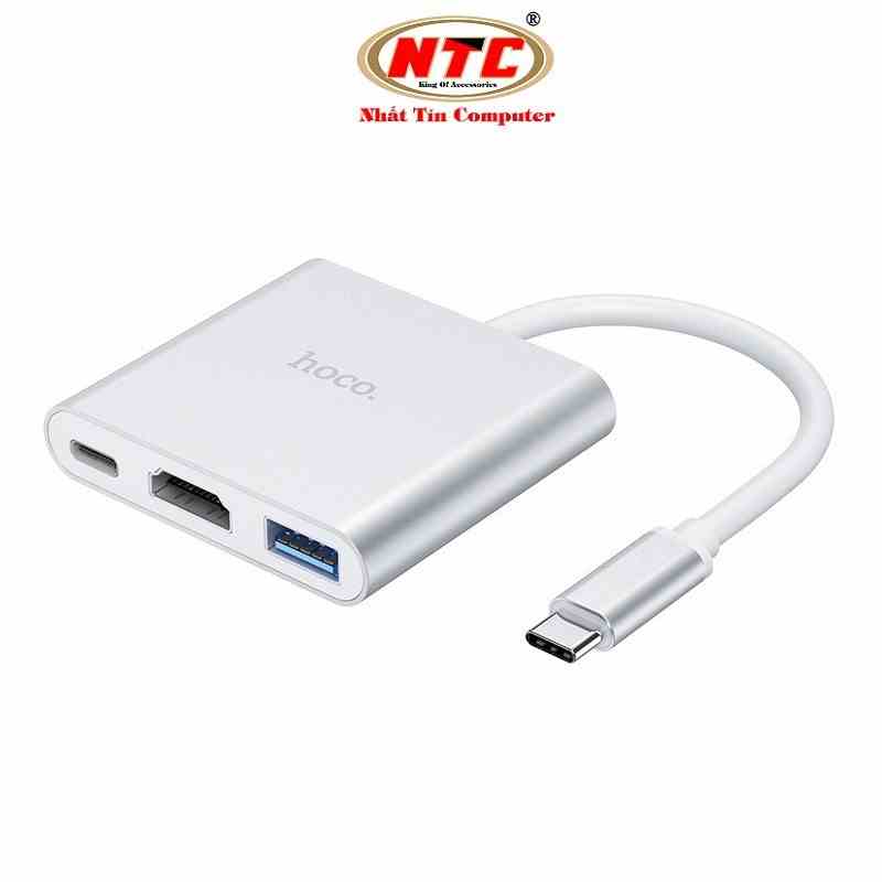 Cáp 3-in-1 chuyển đổi TypeC sang HDMI/ USB/ TypeC Hoco HB14 dây dài 15cm - hỗ trợ chất lượng 4K (Xám) - Hãng phân phối