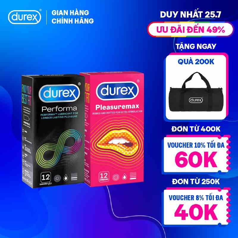 Bộ 1 hộp bao cao su Durex Performa kéo dài thời gian size 52mm và 1 hộp Durex Pleasuremax gân gai size  56mm, 12bao/hộp