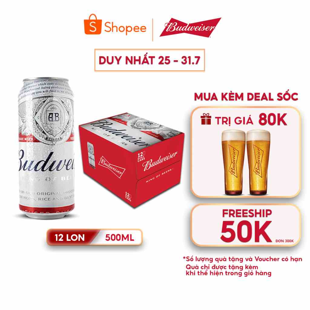 Thùng 12 Lon Cao Bia Budweiser Chính Hãng (500 ml/ lon)