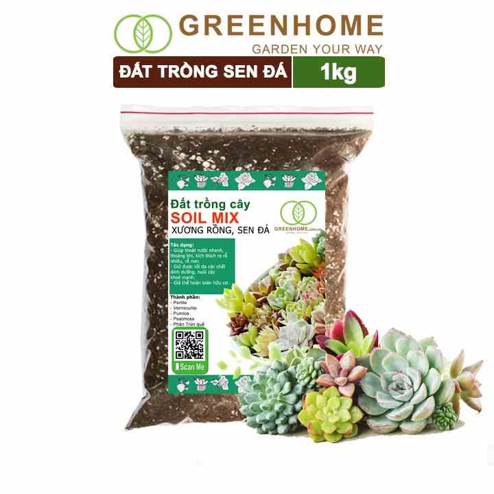 Đất trồng sen đá soil mix trộn sẵn Greenhome, bao 1kg, đầy đủ dinh dưỡng, thoát nước tốt, bền màu