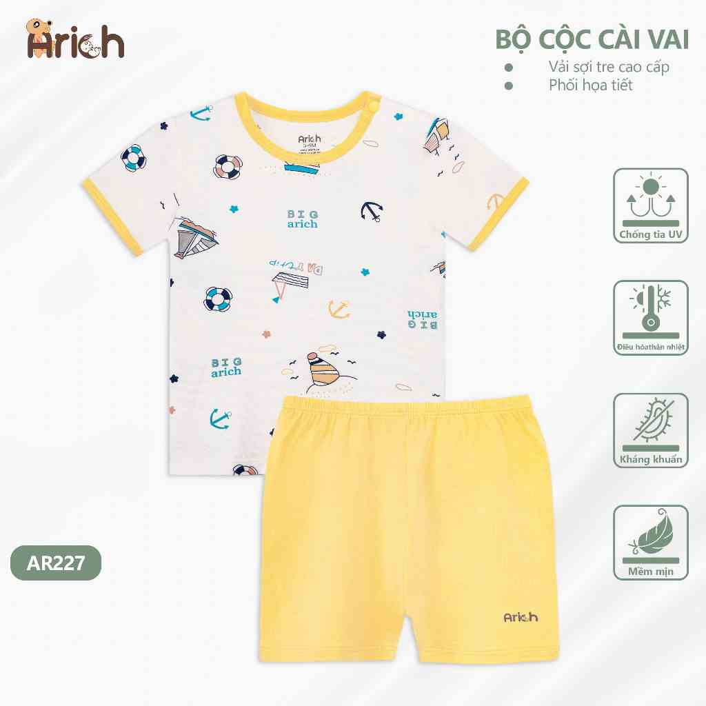 Bộ cộc tay cài vai phối họa tiết đáng yêu Arich từ 3m-12m