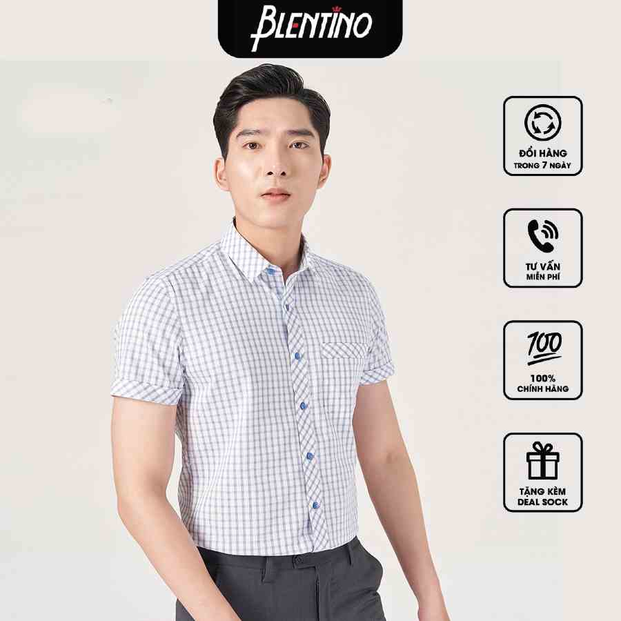 [Mã BMLTA35 giảm đến 35K đơn 99K] Blentino áo sơ mi kẻ sọc xanh ngắn tay trẻ trung cotton BCV11(2)