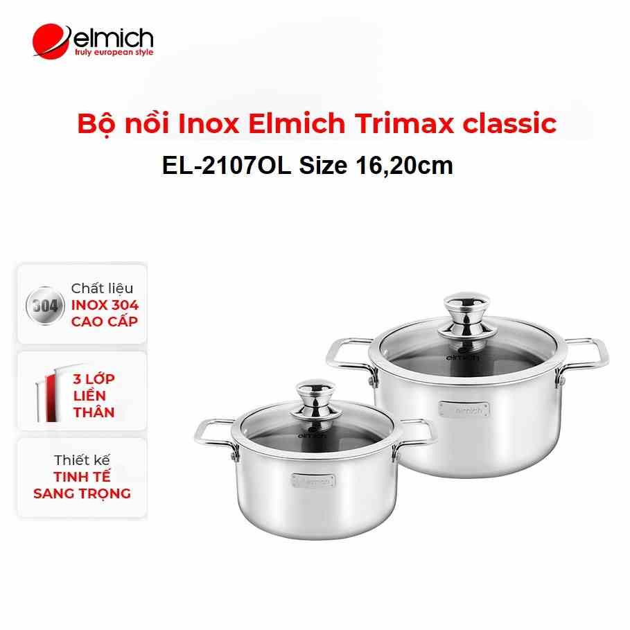 [LIFEM2158 12%đơn250K] Bộ 2 nồi inox 304 cao cấp 3 đáy từ liền nguyên khối Elmich Trimax Classic EL-2107OL Size 16, 20cm