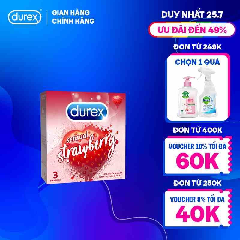 Bao cao su Durex Sensual Strawberry hương dâu (size 53mm, 3 bao/hộp)