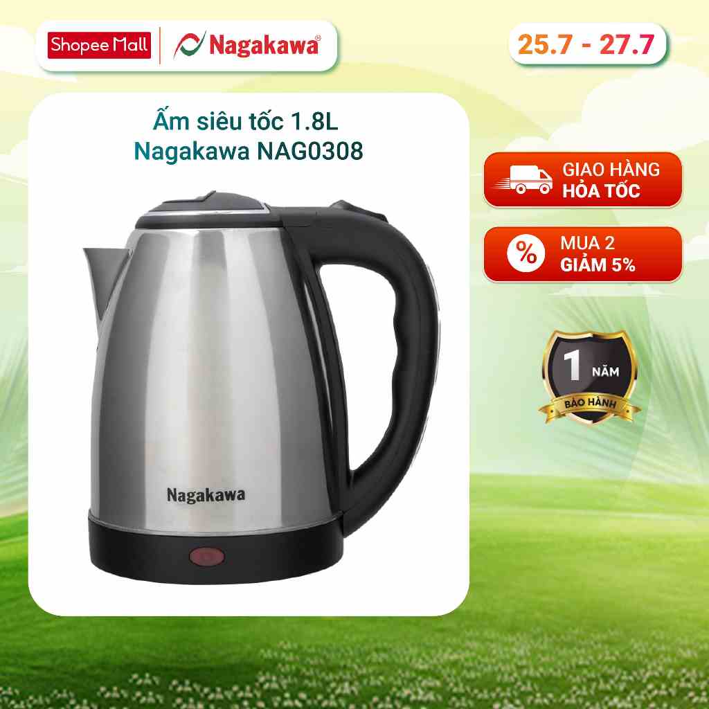 Ấm Siêu Tốc Nagakawa NAG0308 (1.8 Lít) - Hàng Chính Hãng - Bảo hành 12 tháng