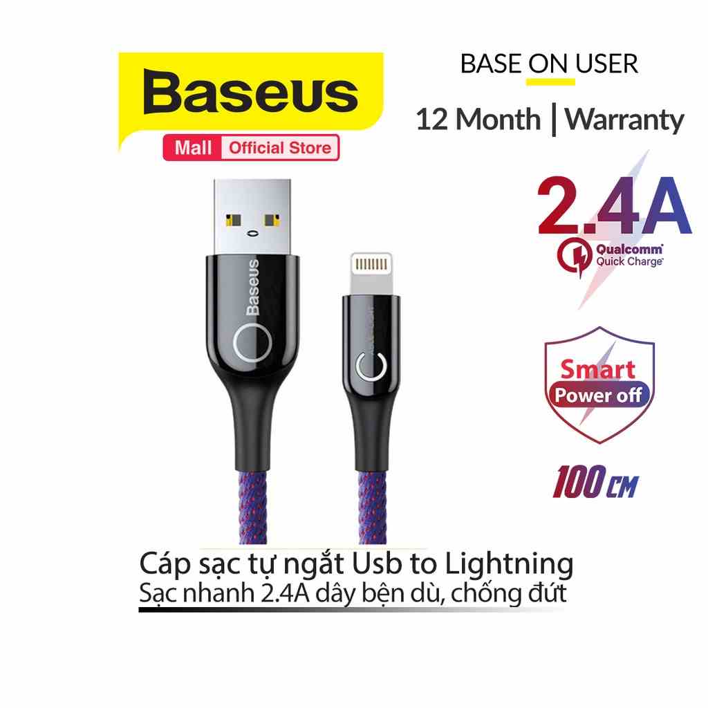 Cáp sạc Baseus USB to Lightning tự ngắt thông minh sạc nhanh 2.4A dành cho iPhone dây bện dù chống đứt dài 1m