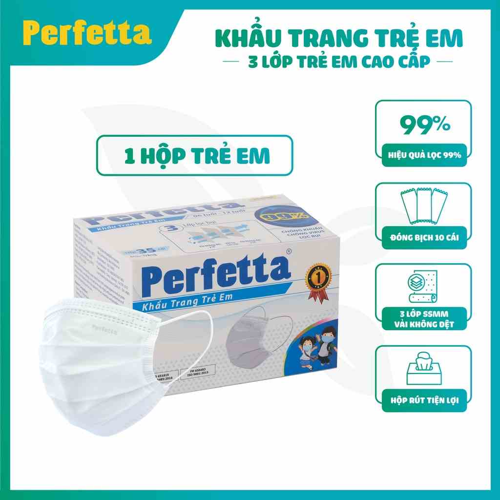 [Mã BMLTB35 giảm đến 35K đơn 99K] Khẩu trang y tế 3 lớp Perfetta Trẻ Em Trắng/Xanh (35 Cái/Hộp)