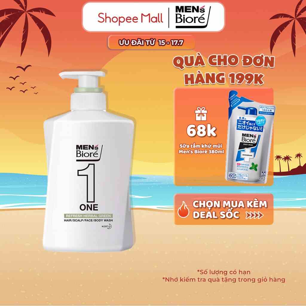 Sữa Tắm - Gội - Rửa Mặt Mens Bioré One Hương Thảo Mộc Herbal Green 480ml