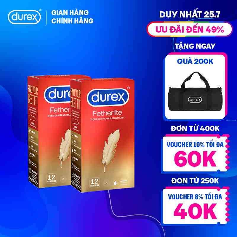 Bộ 2 hộp bao cao su Durex Fetherlite siêu mỏng (size 52.5mm, 12 bao/hộp)