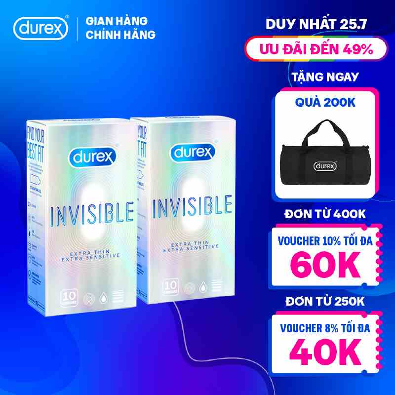 Bộ 2 hộp bao cao su Durex Invisible siêu mỏng, bôi trơn size 52mm, hộp 10 bao