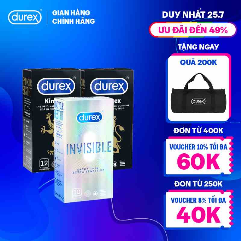 Bộ 2 hộp bao cao su Durex Kingtex ôm sát size 49mm và 1 hộp bao cao su Durex Invisible siêu mỏng size 52mm (10 bao/hộp)