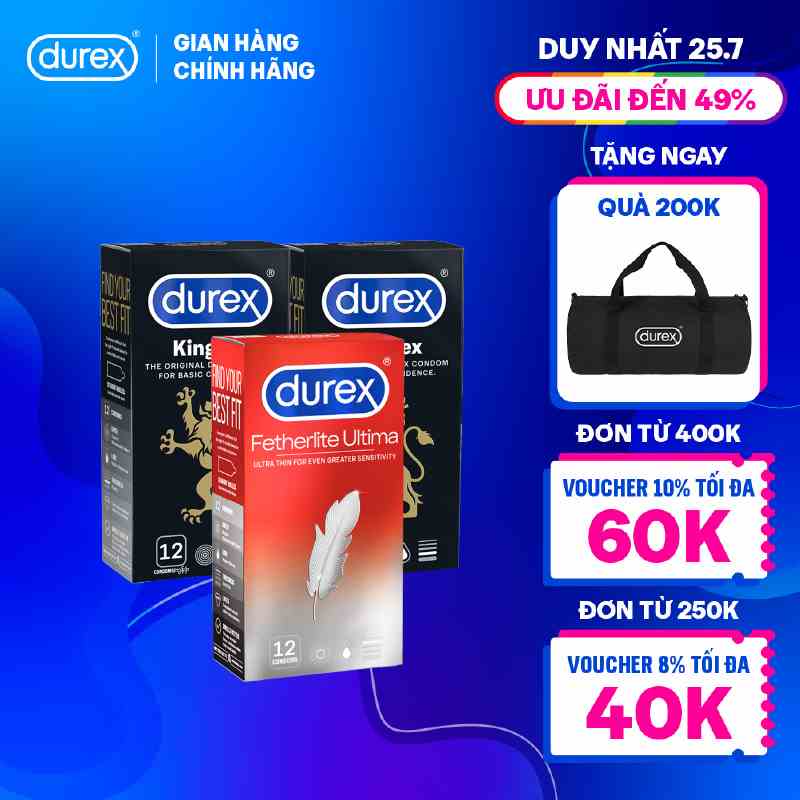 Bộ 2 hộp bao cao su Durex Kingtex ôm sát size 49mm và 1 hộp Durex Fetherlite Ultima siêu mỏng size 52mm, hộp 12 bao