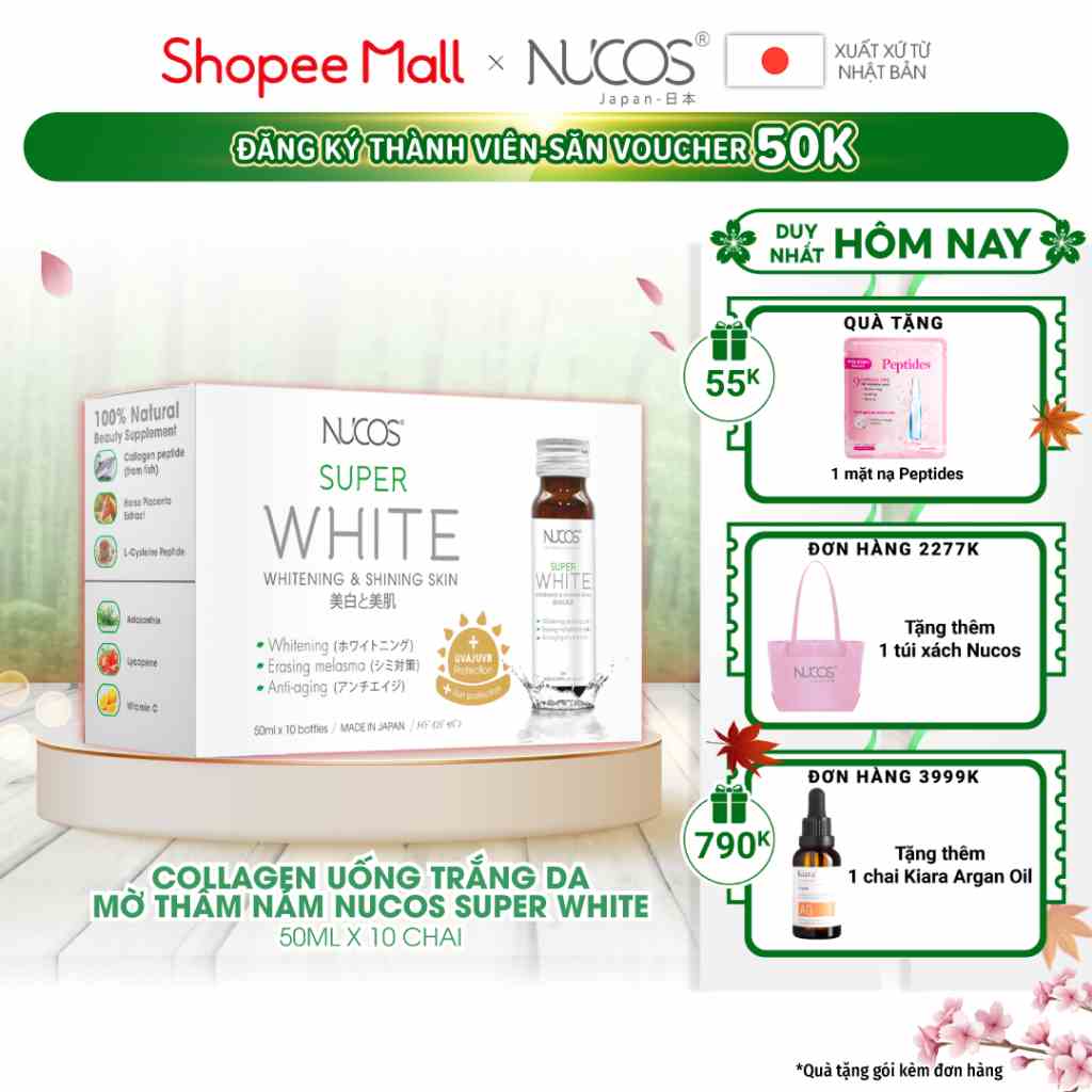 Nước uống collagen trắng da mờ thâm nám Nucos Super White 50ml x 10 chai