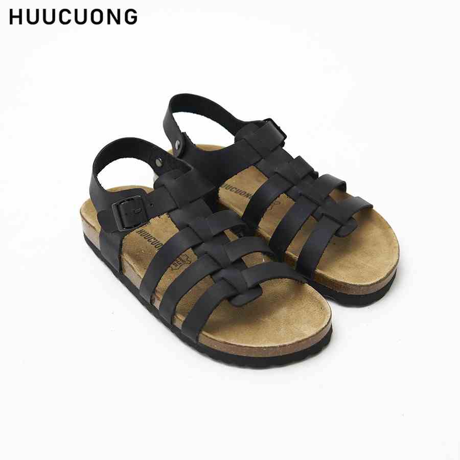 Giày Sandal Unisex HuuCuong chiến binh da bò đen đế trấu handmade