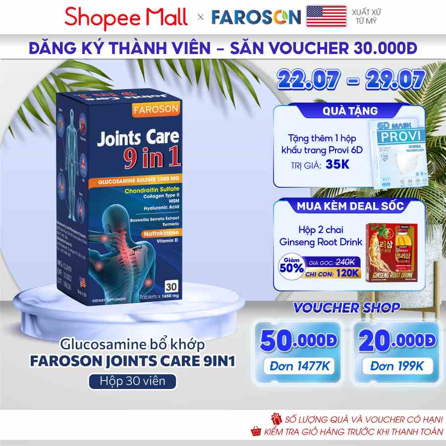 Glucosamine bổ xương khớp Faroson Joints Care 9 in 1 hộp 30 viên