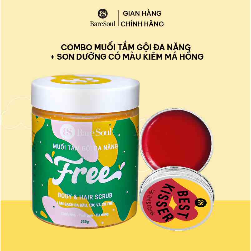 Combo Muối tắm gội BareSoul Free Body & Hair Scrub 330g + Son dưỡng có màu Best Kisser Lip Tint & Cheek 10g