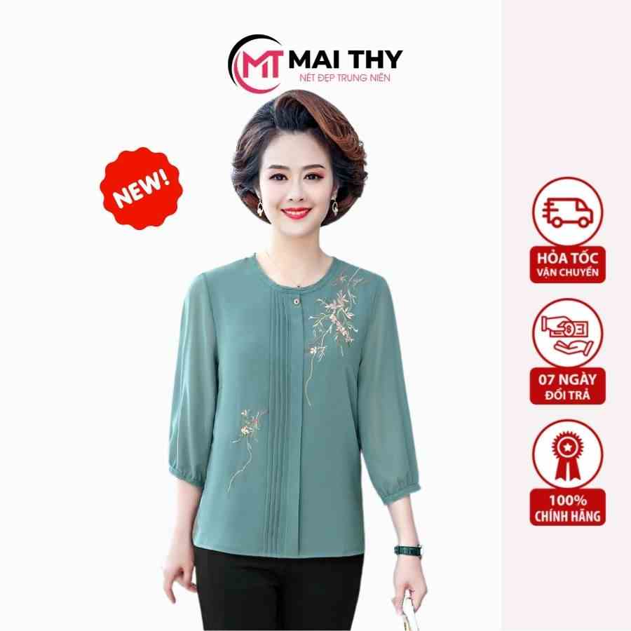 Áo Trung Niên MAI THY 811, Mẫu Áo Tặng Mẹ Trung Niên Bigsize Cổ Tròn Thêu Xếp Ly Sang Trọng | Thời Trang Trung Niên U40