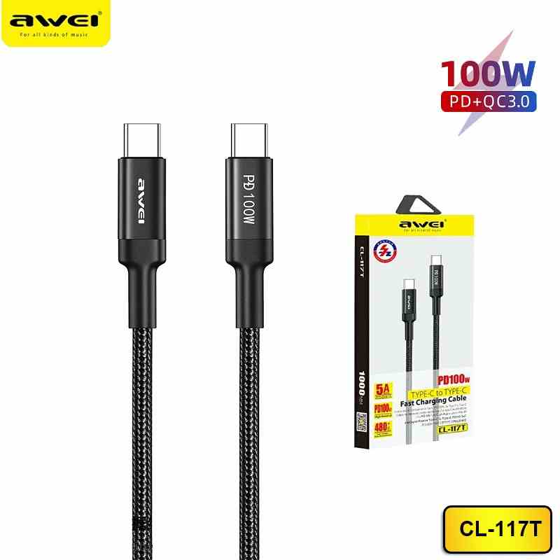 Charge Cable AWEI CL-117T 100W Super Fast Charging Type-C To Type-C 1M Length