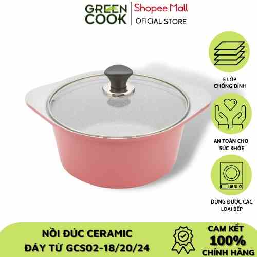 [Mã BMLTA35 giảm đến 35K đơn 99K] Nồi đúc ceramic vân đá đáy từ chống dính 24cm Green Cook GCS02-24IH