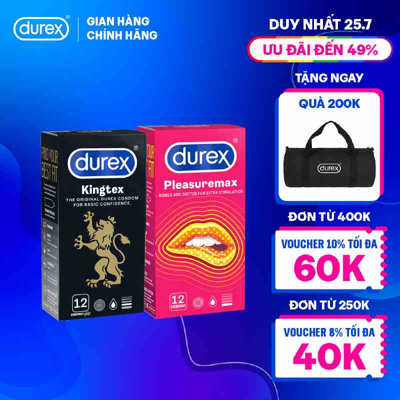 Bộ 1 hộp bao cao su Durex Kingtex ôm sát (49mm, 12 bao/hộp) và 1 hộp Durex Pleasuremax gân gai (56mm, 12 bao/hộp)