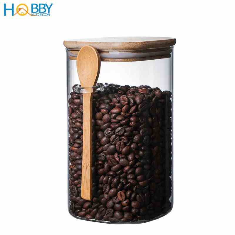 Hủ thủy tinh đựng hạt nắp gỗ tre có muỗng HOBBY Home Decor LTT1 có 3 size tùy chọn loại nắp kín