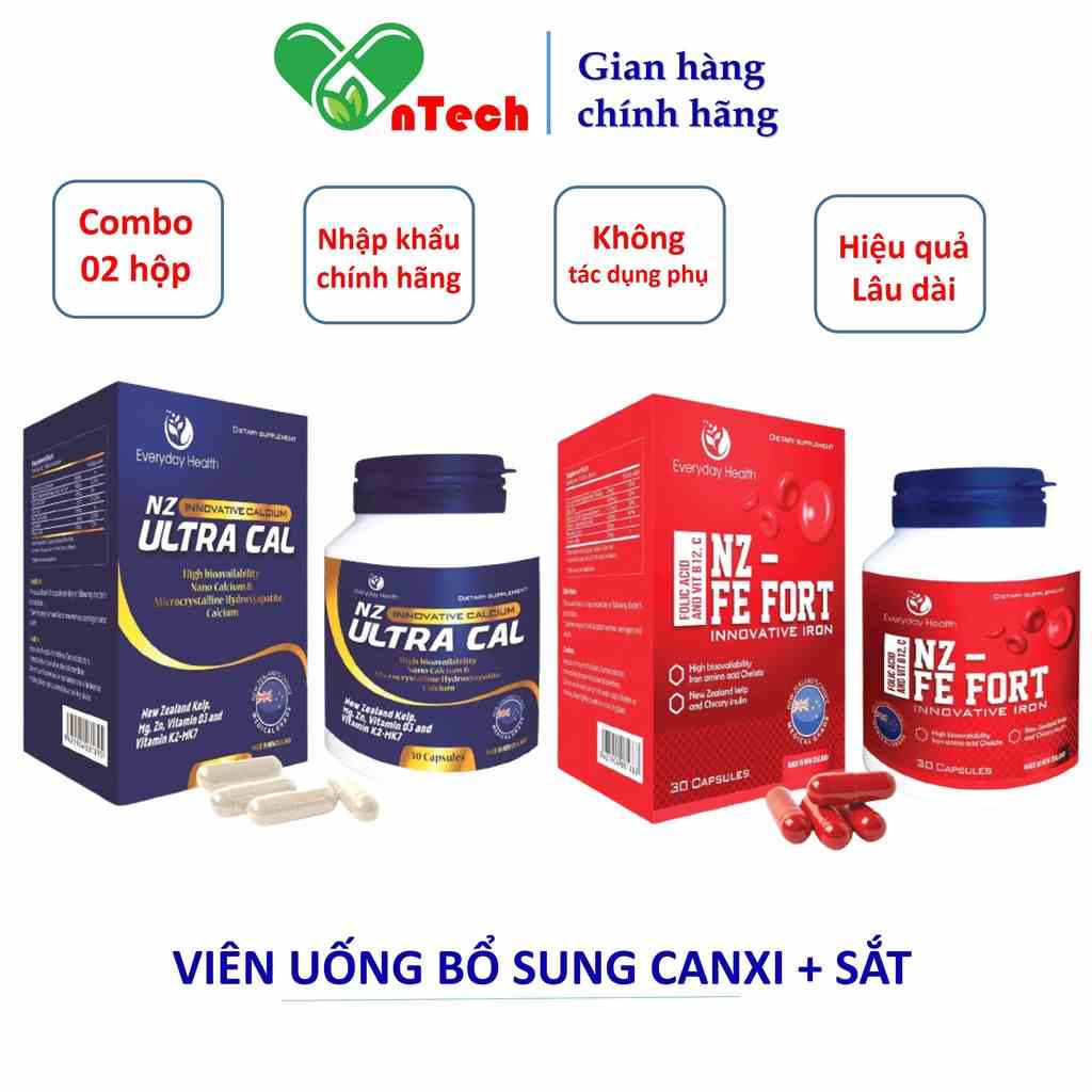 Combo Viên uống Everyday Health NZ - FE FORT + Everyday Health NZ - Ultra Cal bổ sung sắt và canxi hữu cơ