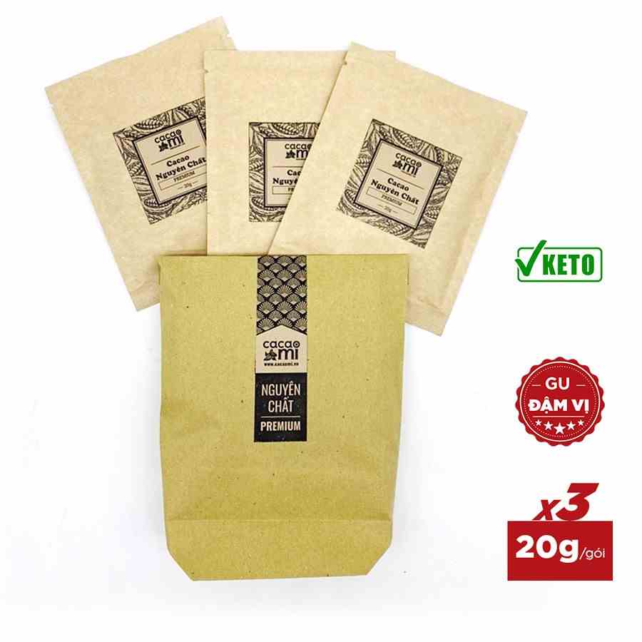 Combo 3 gói bột cacao nguyên chất không đường - Thức uống sô cô la đậm vị ca cao CACAOMI Premium 20g/gói