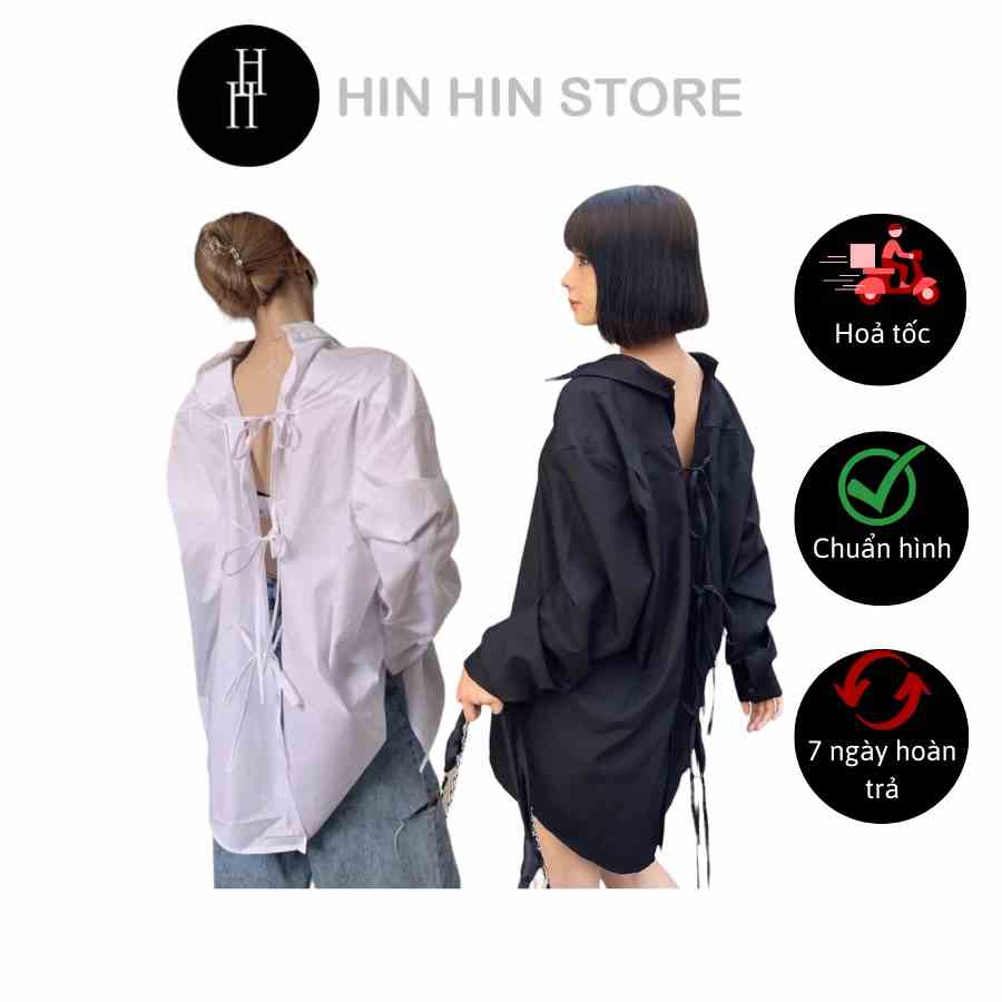 Áo sơ mi rộng tày dài cột dây lưng màu trắng & đen nữ HAF37 - Hỉn Hỉn Store