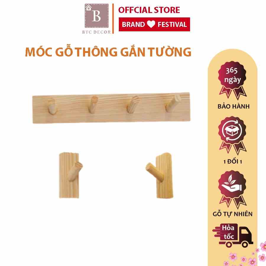 Móc Treo Quần Áo Gỗ Gắn Tường BTC DECOR - Trang Trí Nhà Cửa, Đựng Đồ Đa Năng, Chống Mối Mọt - Bảo Hành 12 Tháng