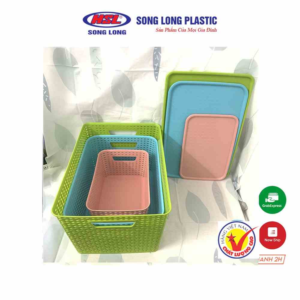 [Combo 5] Giỏ Đựng Đồ Bằng Nhựa Có Nắp Giả Mây Kiểu Hàn Quốc Song Long Plastic