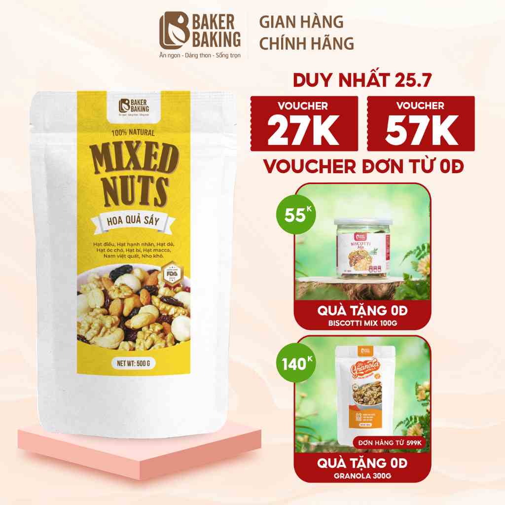 Hạt dinh dưỡng mix 6 loại hạt, Mixed Nuts Baker Baking có hoa quả cho mẹ bầu ăn vặt, ăn kiêng, tập gym 300-500g