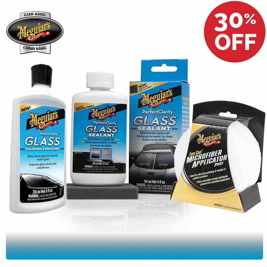 Meguiars Combo - Xi đánh bóng kính & Phủ nano kính & Mút Microfiber - Kính sáng Nhìn xa - G20102 (3 sản phẩm)