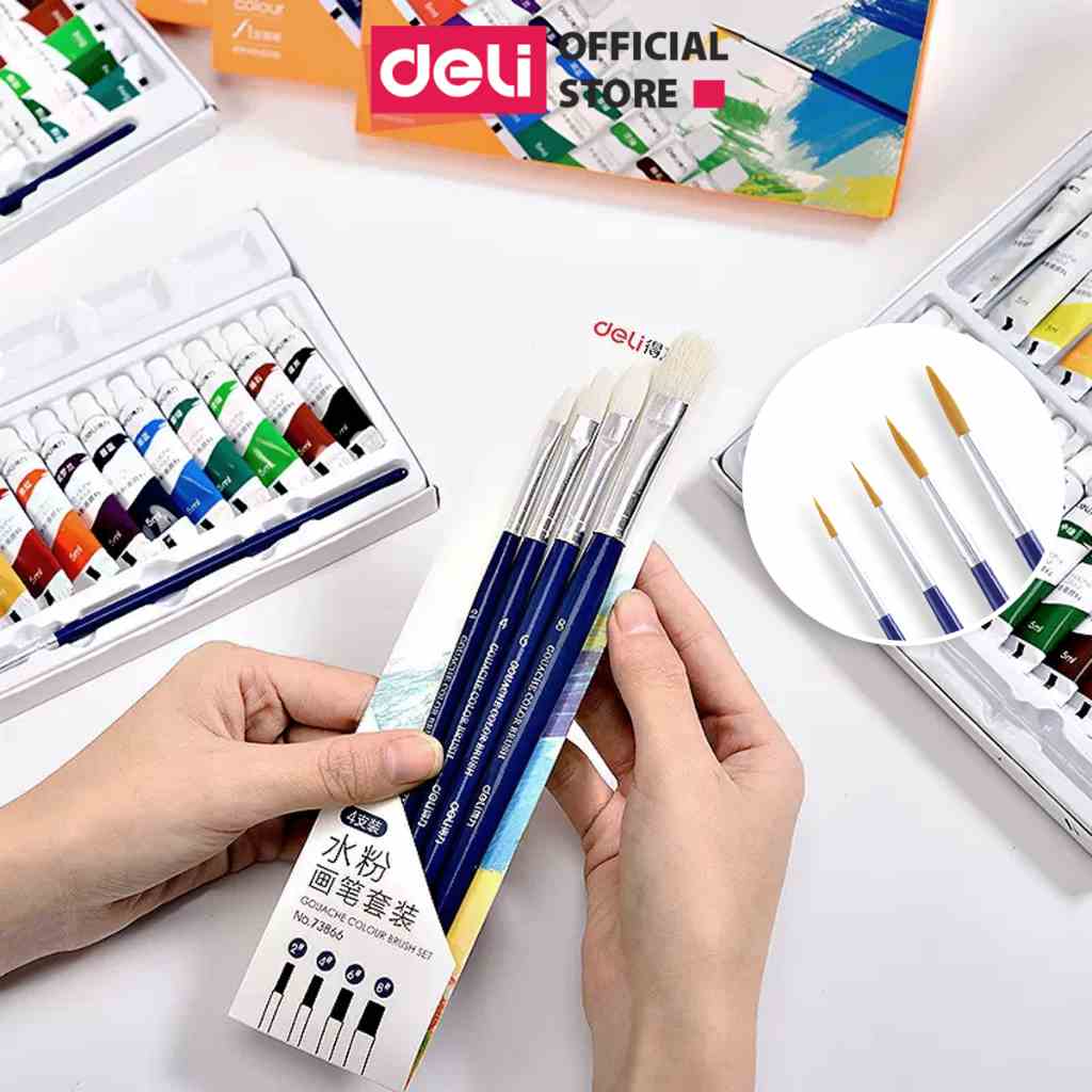 Bộ cọ vẽ chuyên nghiệp Deli - dùng cho màu nước/bột/sơn acrylic -Set 4/6 cây