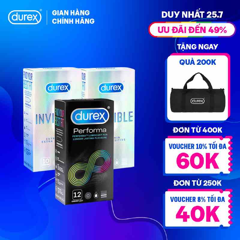 Bộ 2 hộp bao cao su Durex Invisible siêu mỏng (52mm, 10 bao/hộp) + 1 hộp Performa kéo dài thời gian (52mm, 12bao/hộp)