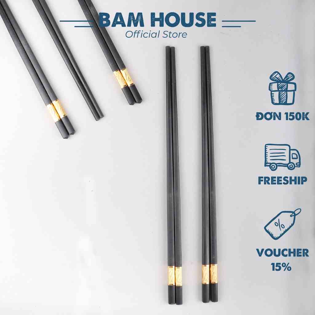 Bộ 10 đôi đũa nhựa chịu nhiệt Bam House đuôi hoạ tiết vàng cao cấp DMV05 - Gia dụng bếp