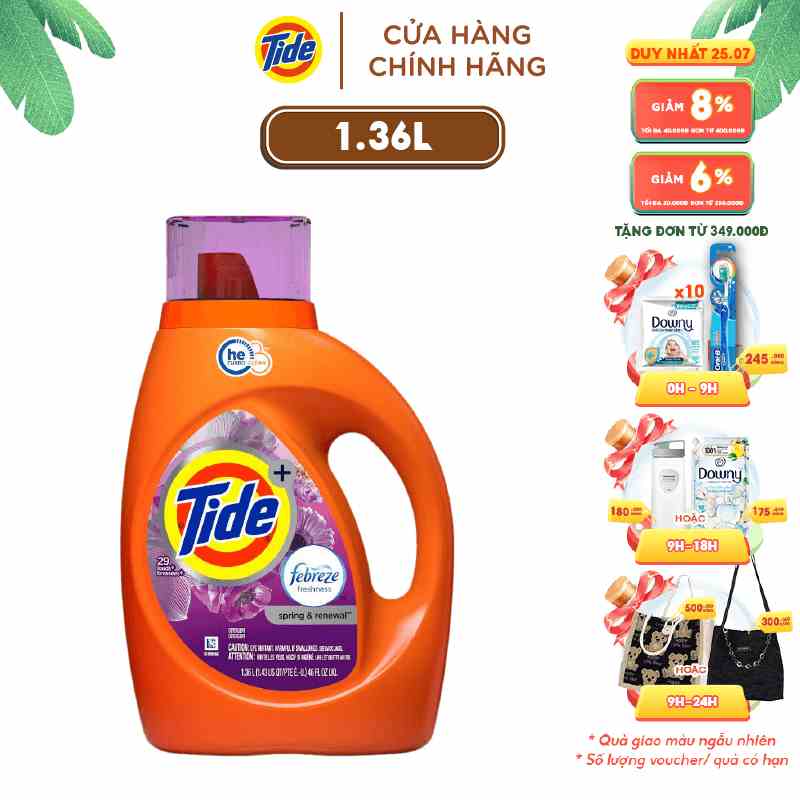 (Hàng nhập khẩu USA) Nước giặt cao cấp Tide+ Febreze Freshness Spring & Renewal 1,36L