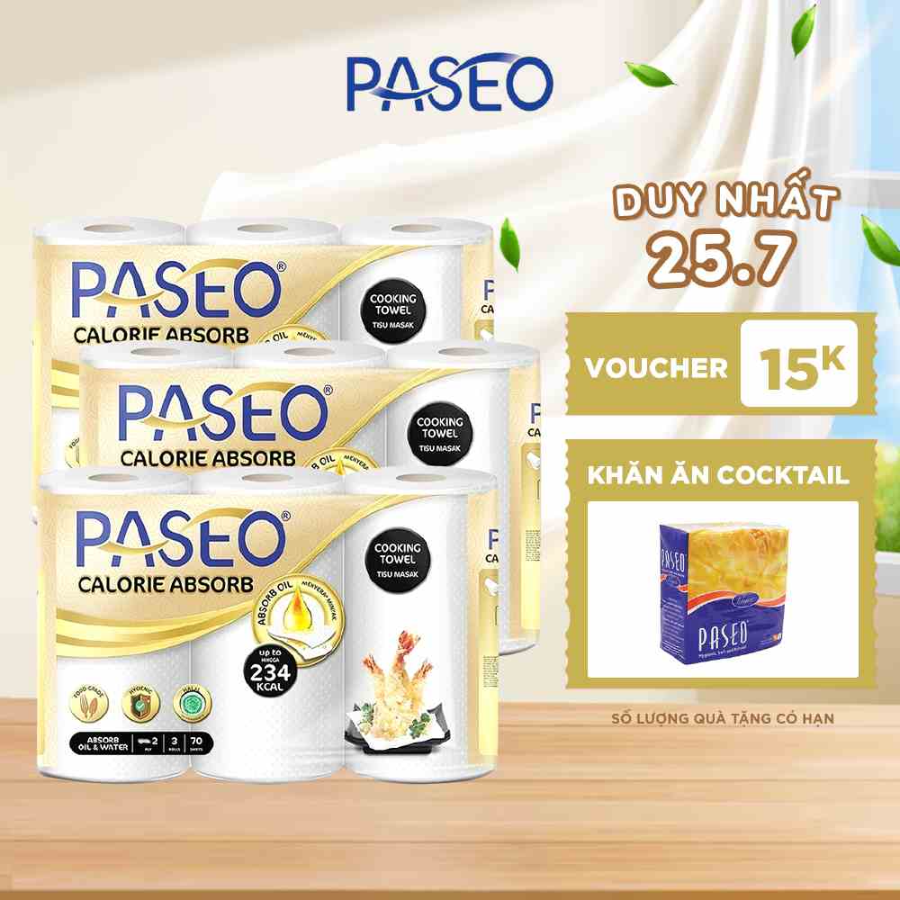 Combo 3 lốc giấy bếp đa năng cao cấp Paseo Calorie Absorb lau dầu mỡ, thấm hút nhanh (3 cuộn 2 lớp)/lốc