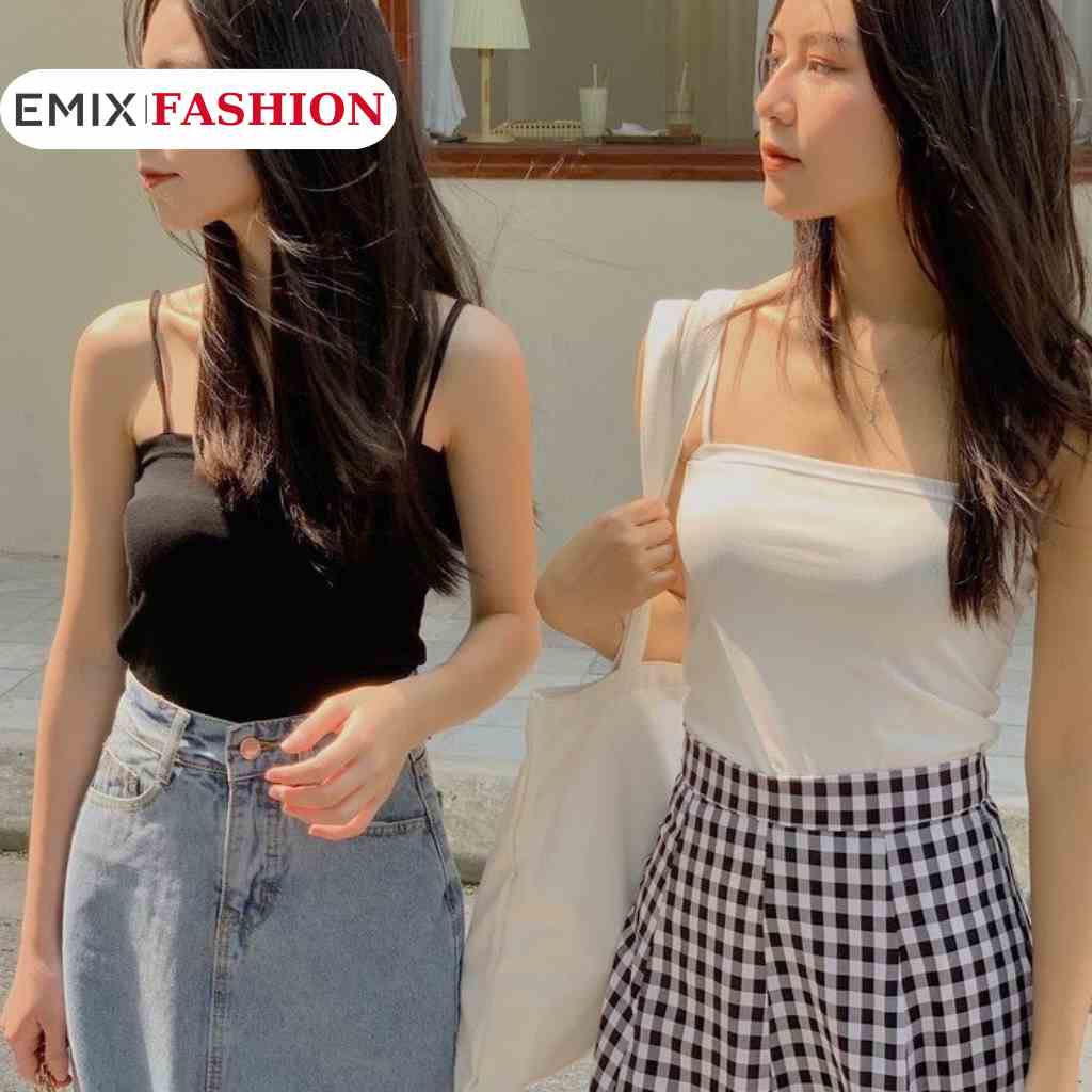 Áo croptop 2 dây EMIX (màu đen), dáng ngắn, sợi bún, vải cotton dày dặn, không sợ lộ, kín đáo Ao2skemmut