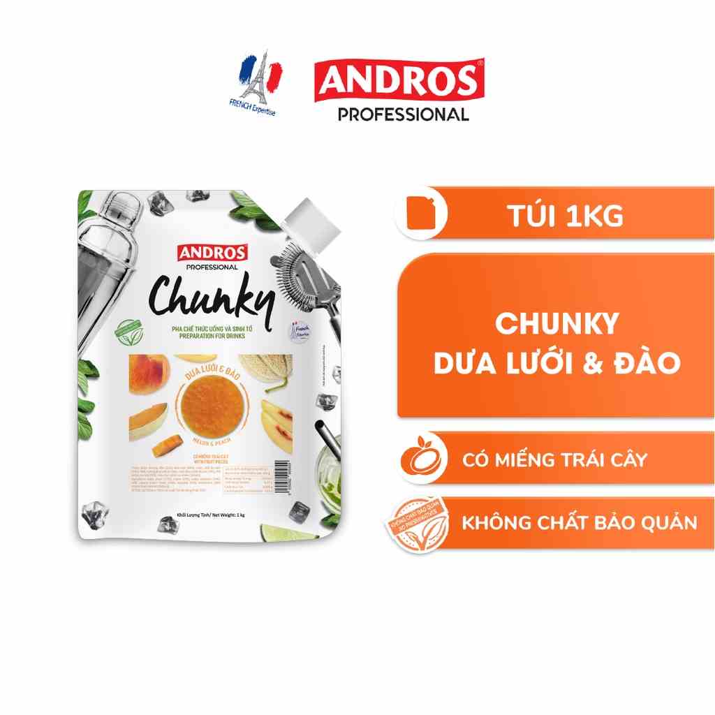 Mứt Trái Cây Pha Chế Dưa Lưới & Đào - Có miếng trái cây thật - ANDROS CHUNKY - 1kg