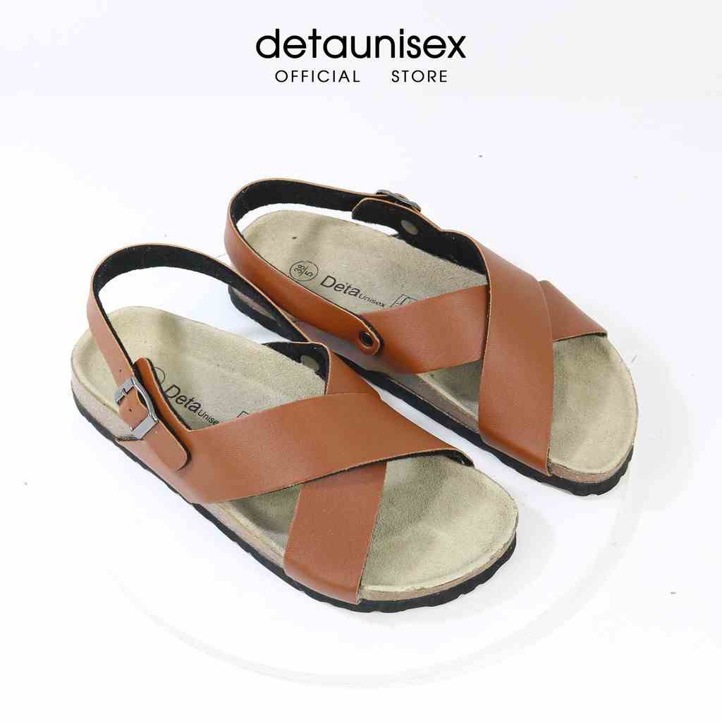 Dép Birken đế trấu sandal quai chéo nam nữ Detaunisex màu BÒ - SATA23B