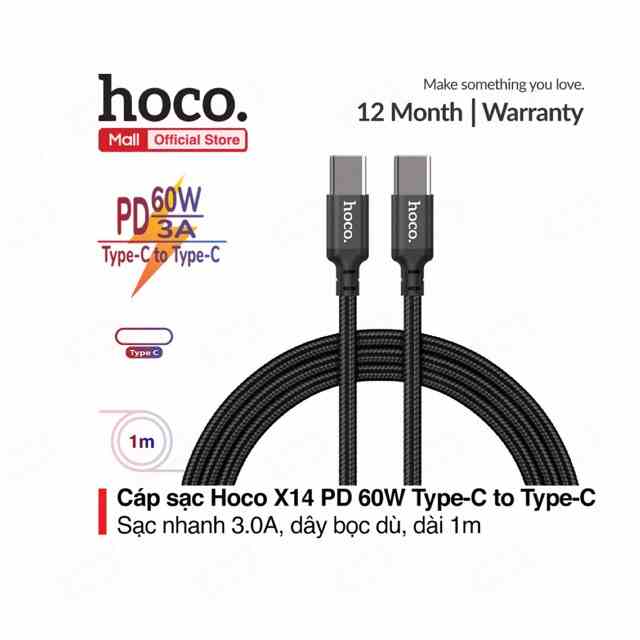 Cáp sạc nhanh Hoco X.14 PD 60W Type-C to Type-C, sạc nhanh 3.0A, truyền dữ liệu, dây bọc dù chống đứt, gãy gập, dài 1m