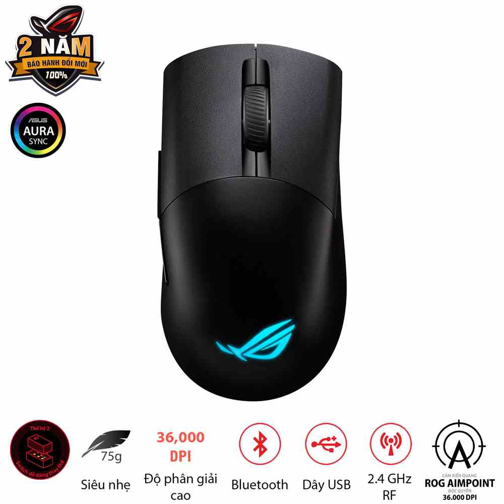 Chuột gaming ASUS FPS không dây ROG KERIS Wireless AIMPOINT màu đen, cảm biến ROG Aimpoint độc quyền 36000 DPI